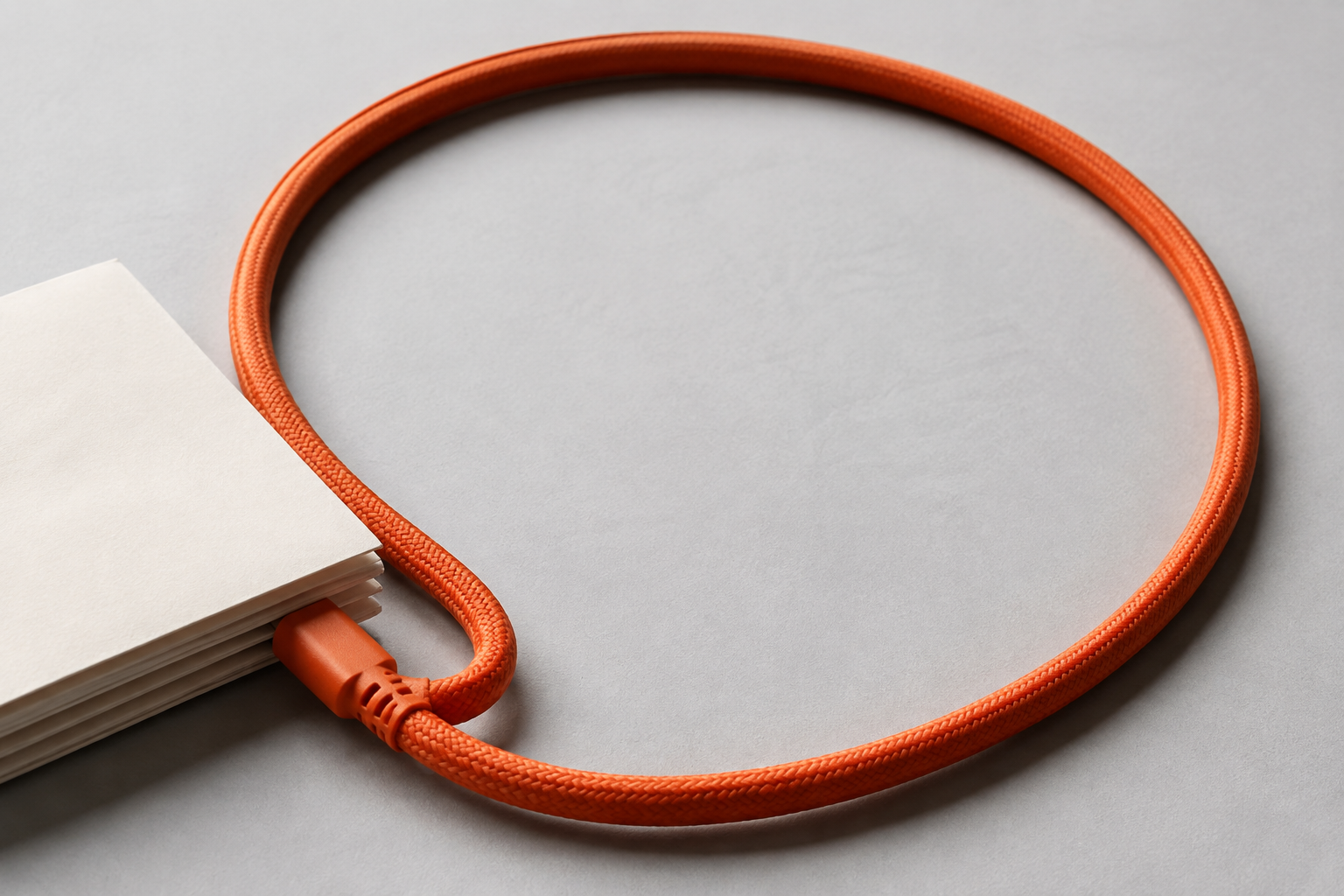 An orange woven cable loops back to a stack of paper, representing a continuous learning cycle.