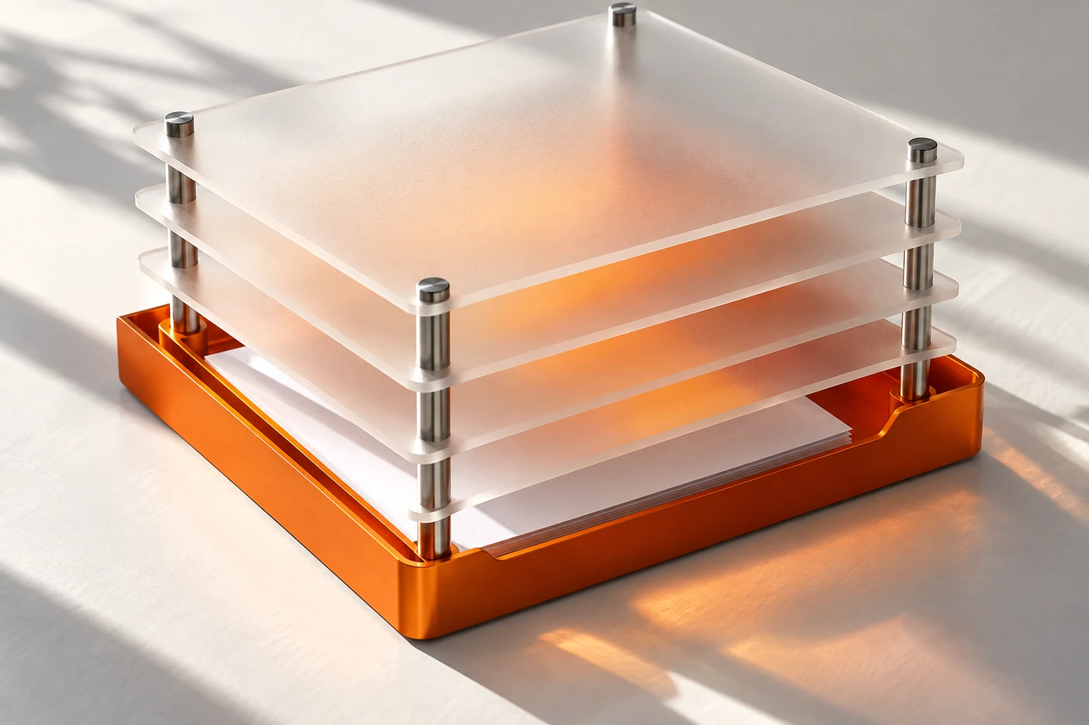 Layers of frosted acrylic held above an orange document tray.