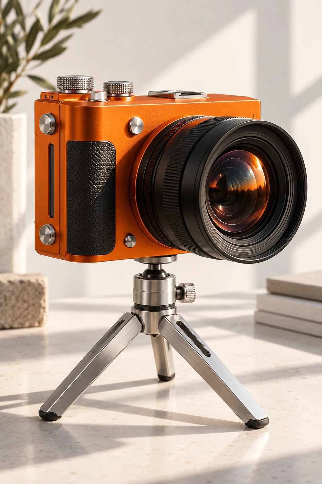An orange cinema camera with a black lens on a small aluminum tripod.
