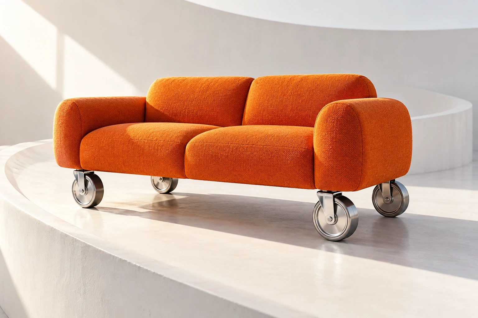 A bright orange sofa on oversized polished metal wheels, poised on a curved white ramp.