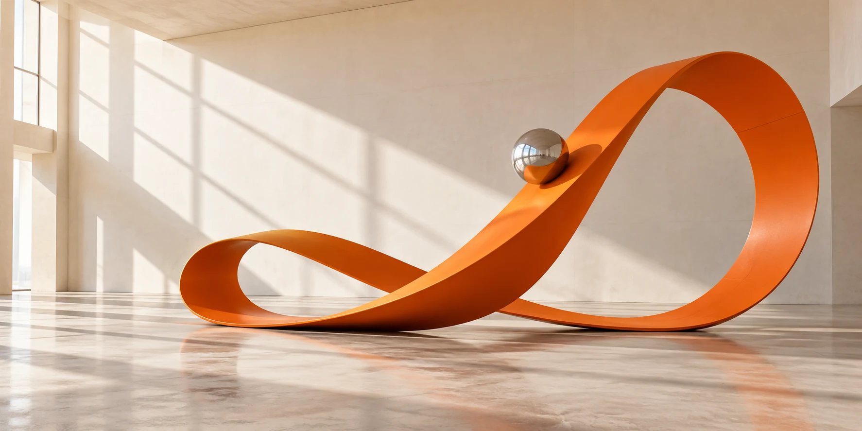 A continuous orange sculptural track with a silver sphere on its ascending curve.