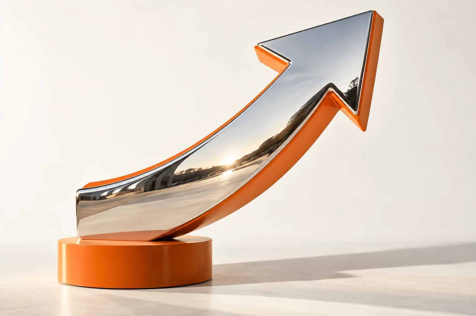 A chrome arrow edged in orange points upward from a sculptural orange base.