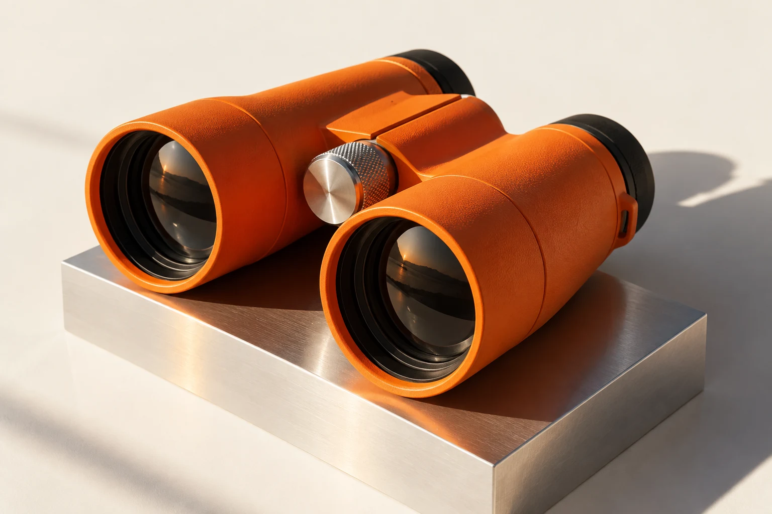 Orange binoculars on a polished aluminum pedestal in direct sunlight.
