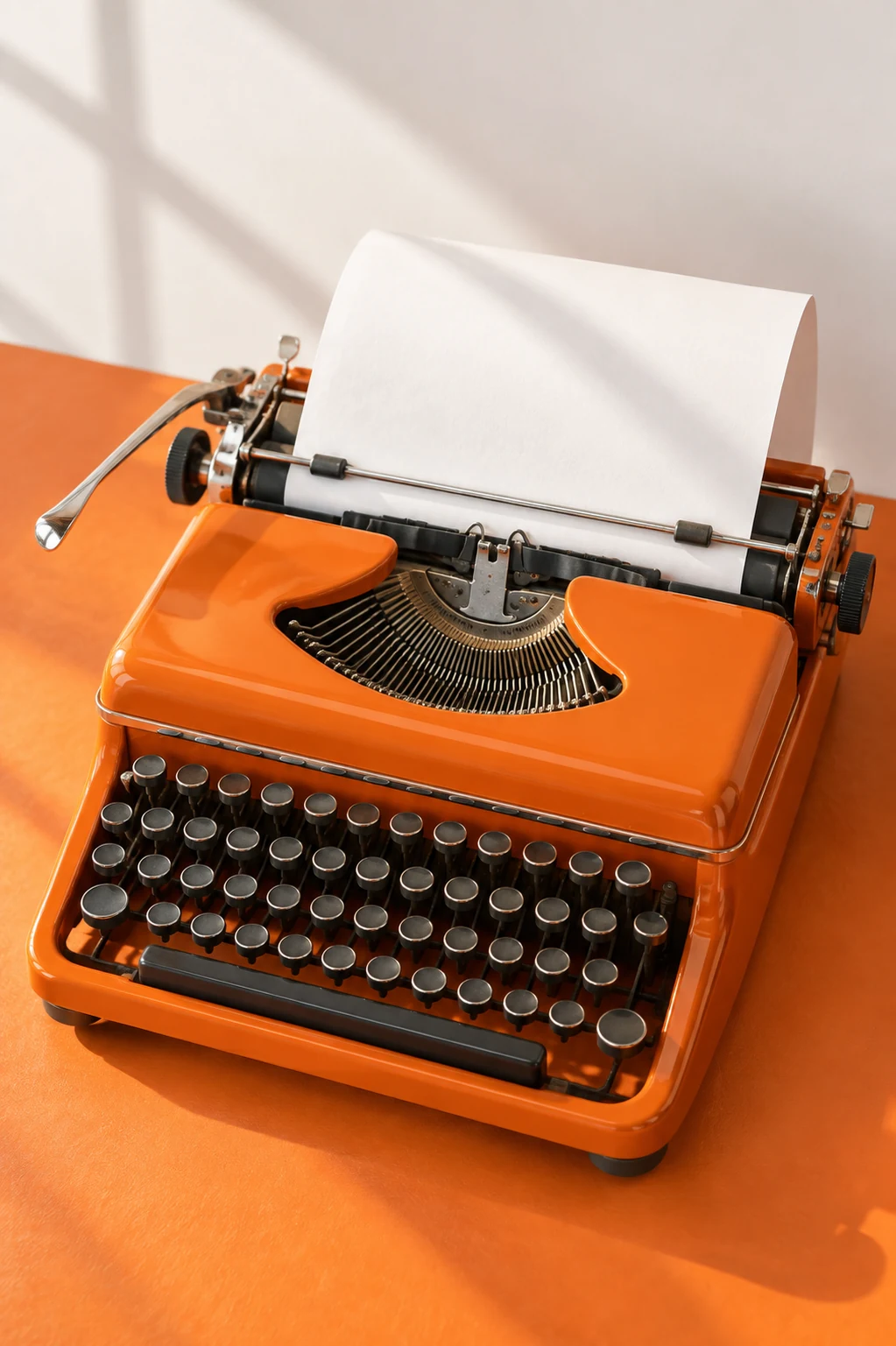 An orange typewriter with a blank white sheet curling from its carriage.